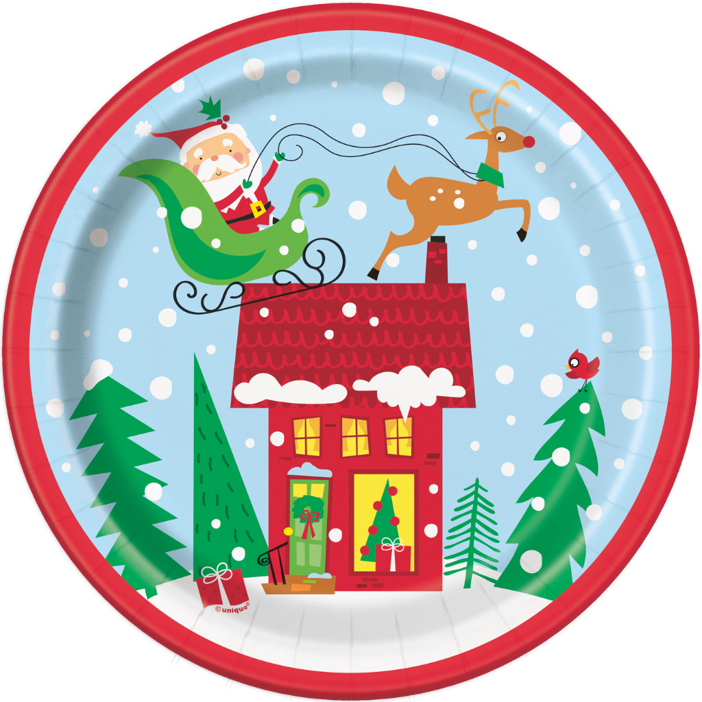 Colorful Christmas Santa Round 9" Dinner Plates 8pk
