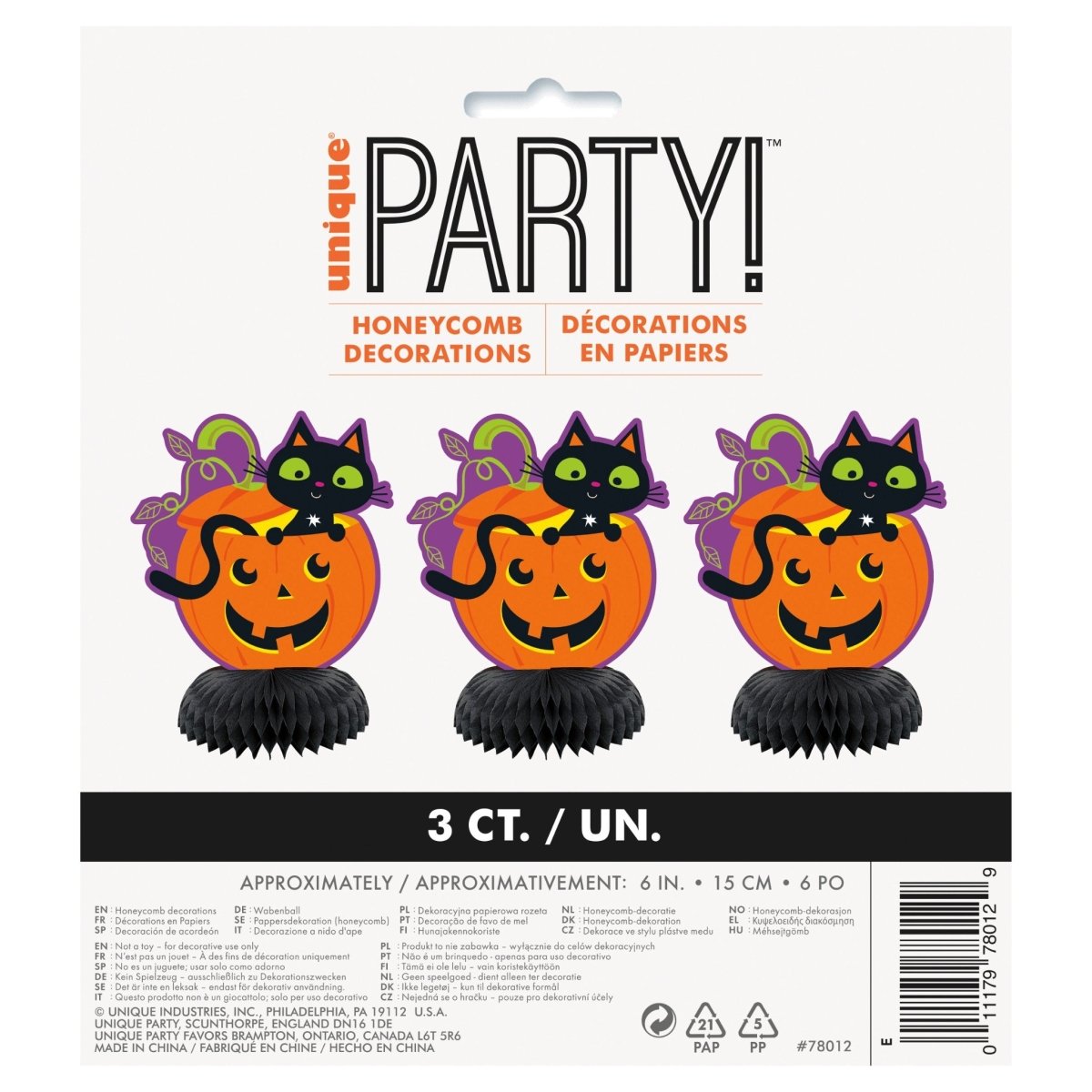 Cat & Pumpkin Mini Honeycomb Decorations 6" 3pc - Kids Party Craft