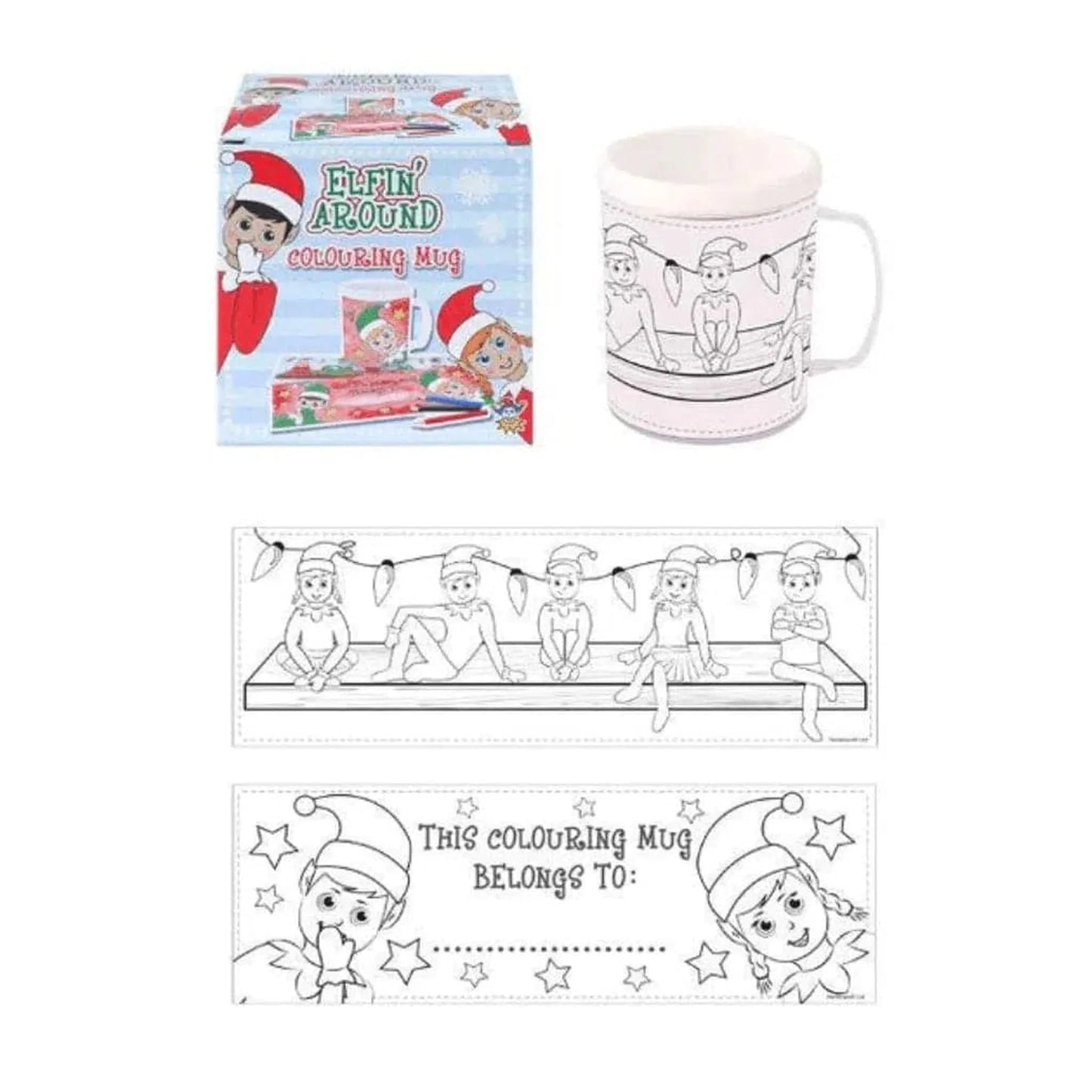 Christmas Elfin Around Colouring Mug with 2 Assorted Designs - Kids Party Craft