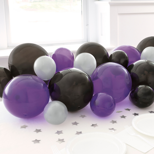 Halloween Black, Purple & Silver Pearlized Balloon Garland Table Runner with Foil Confetti Cutouts