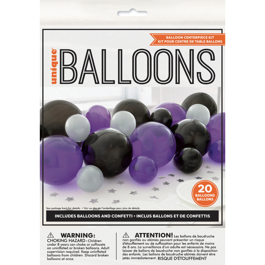 Halloween Black, Purple & Silver Pearlized Balloon Garland Table Runner with Foil Confetti Cutouts