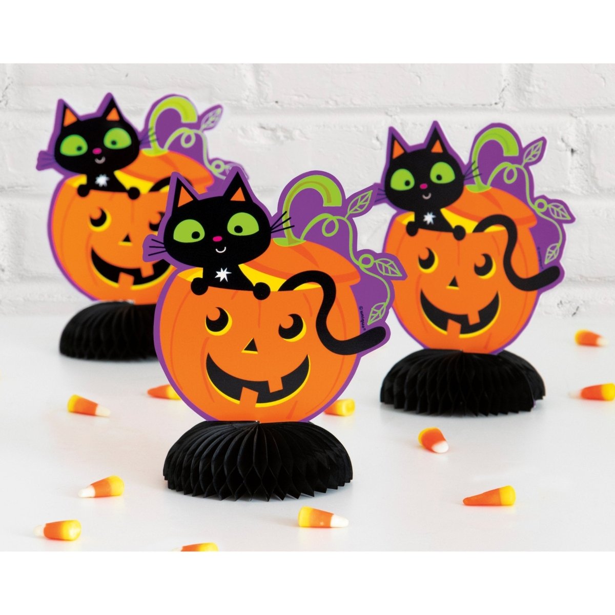 Cat & Pumpkin Mini Honeycomb Decorations 6" 3pc - Kids Party Craft