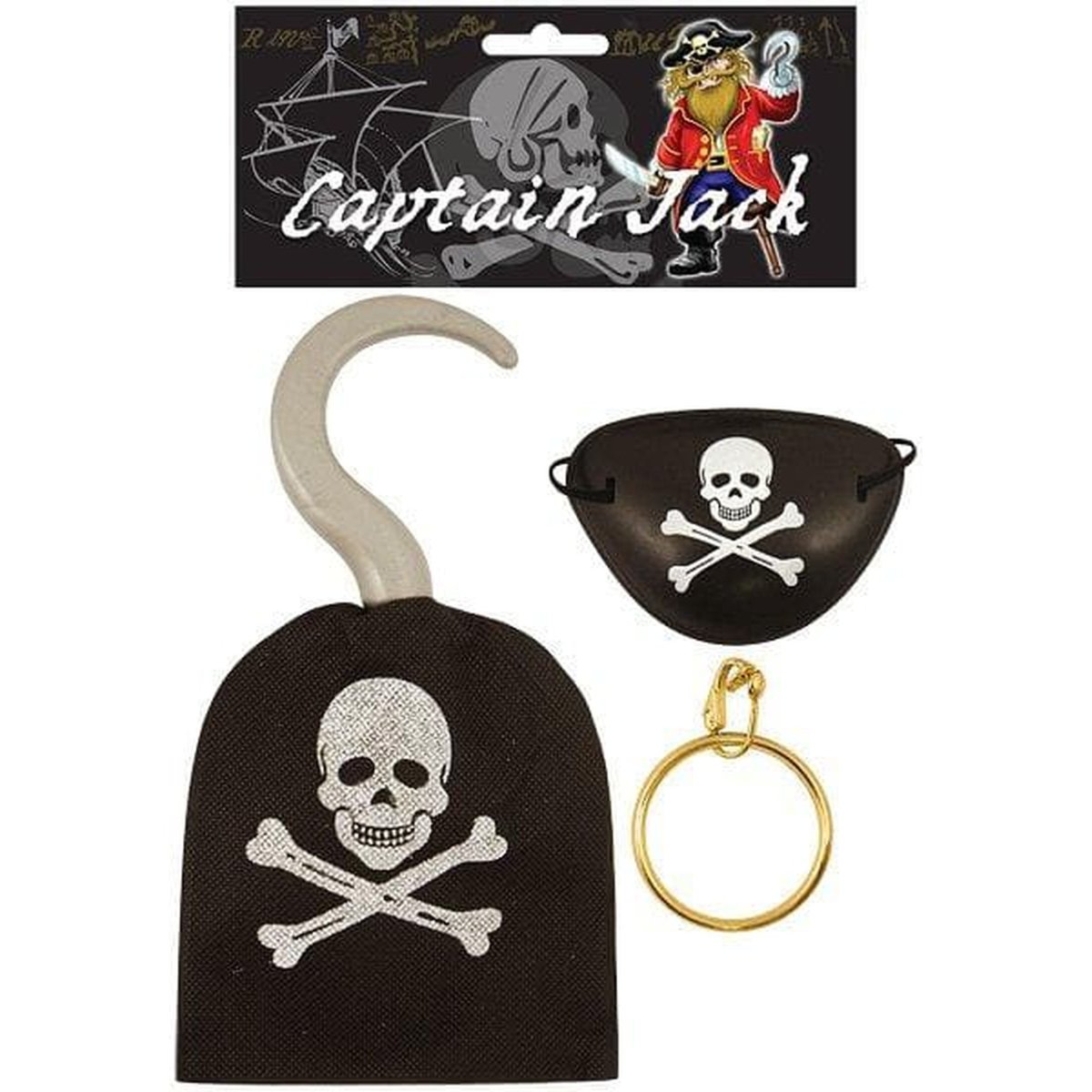 Children's 3pc Pirate Fancy Dress Accessories Pack - Hook, Earring & Eyepatch - Kids Party Craft