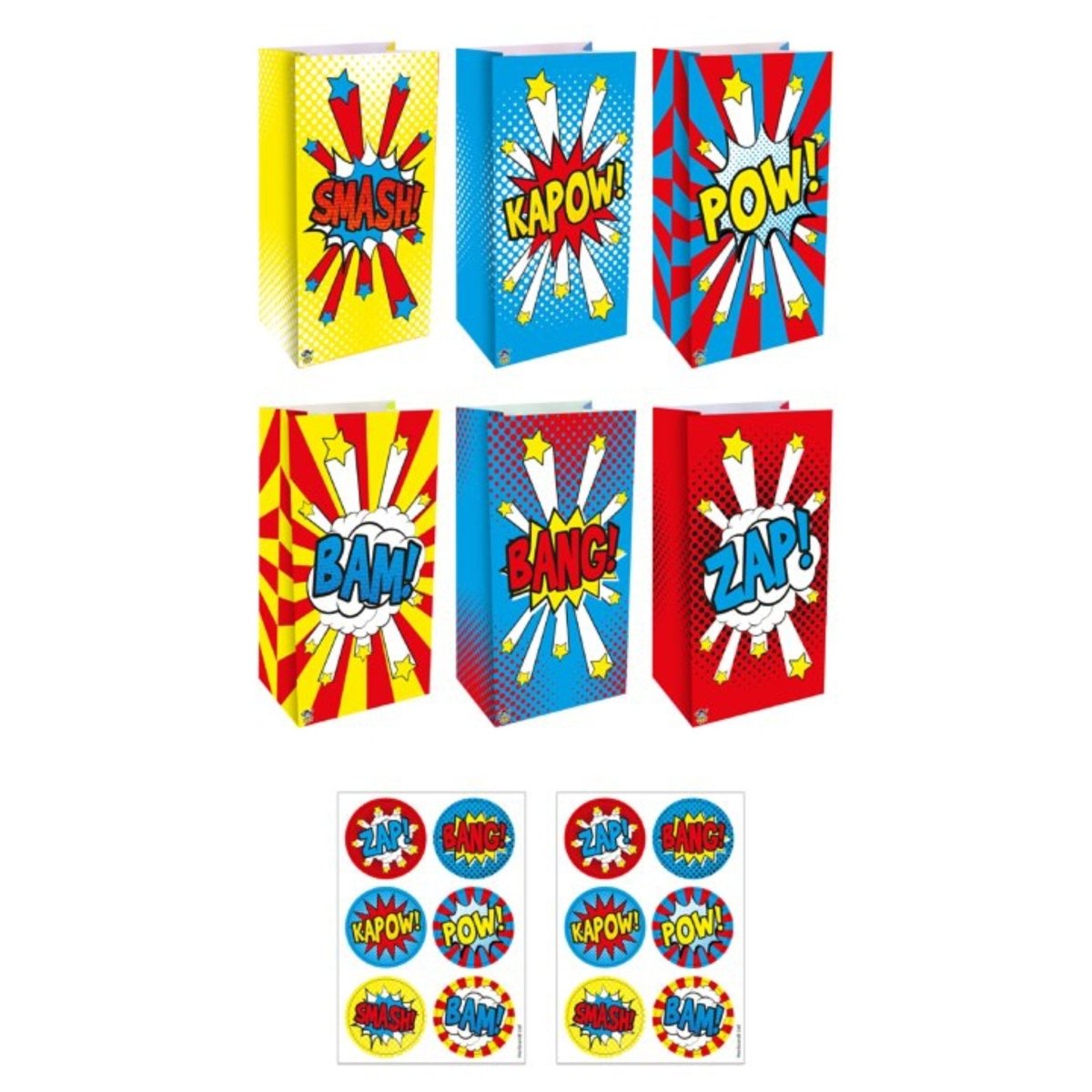 Comic Impact Paper Party Bags with Stickers (12 pack) - Kids Party Craft