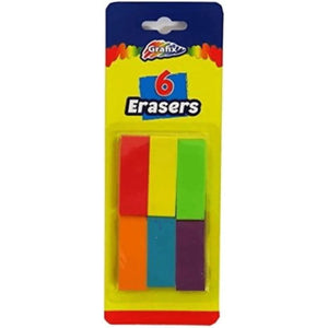 Grafix Rubber Erasers, 6 Pack, Mixed Colours - Kids Party Craft