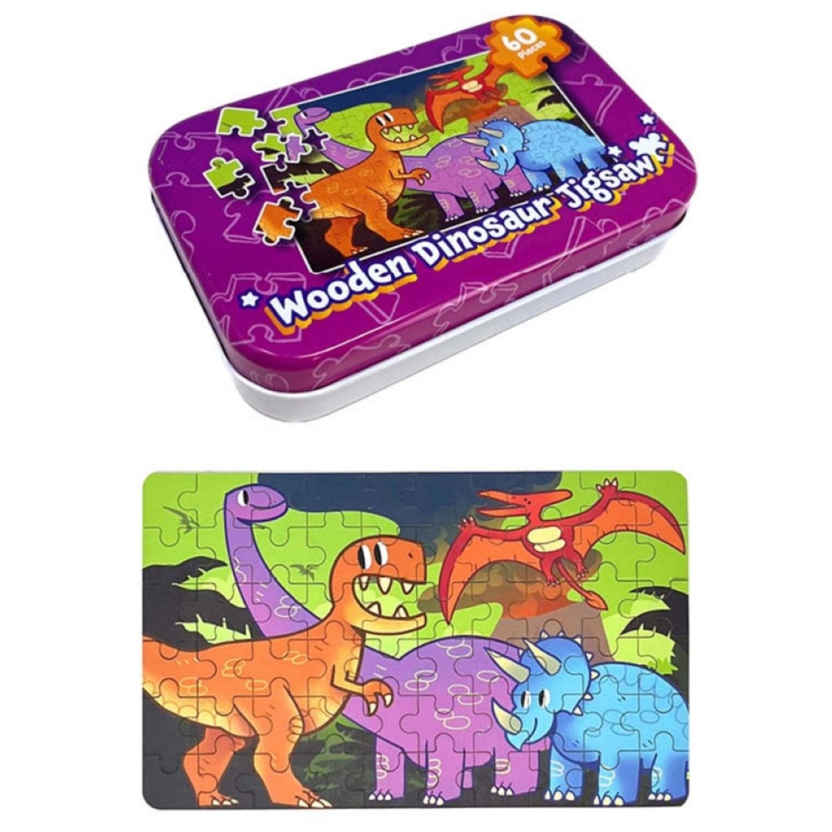 Wooden Dinosaur Jigsaw in Tin 60 Piece - Kids Party Craft
