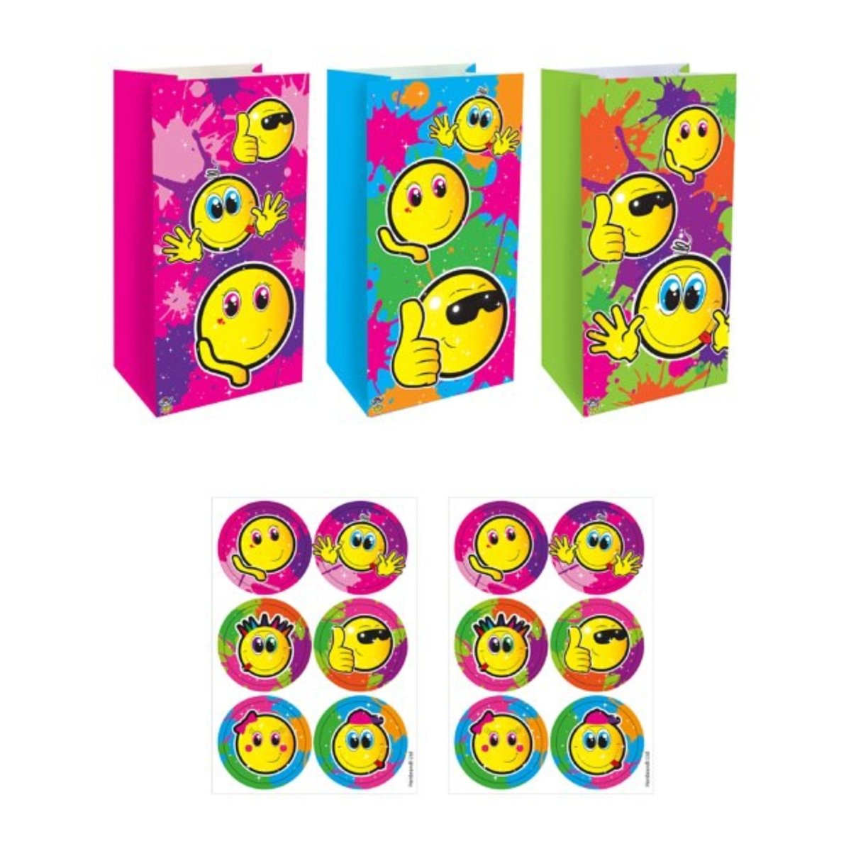 Yellow Smile Paper Party Bags with Stickers (12 pack) - Kids Party Craft
